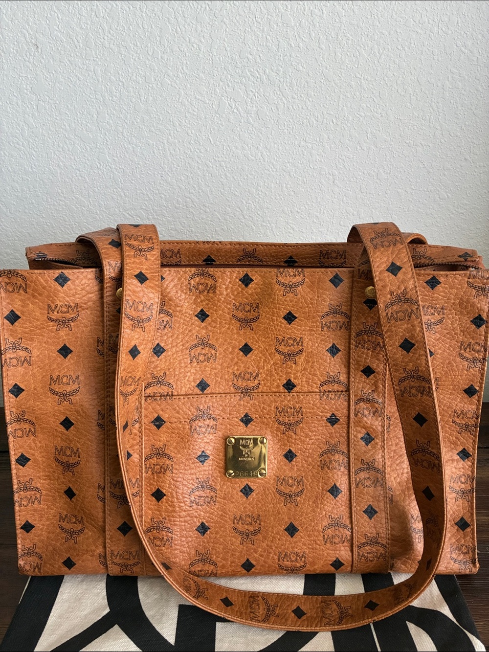 MCM Brown Visetos Logo Tote with Black Accents